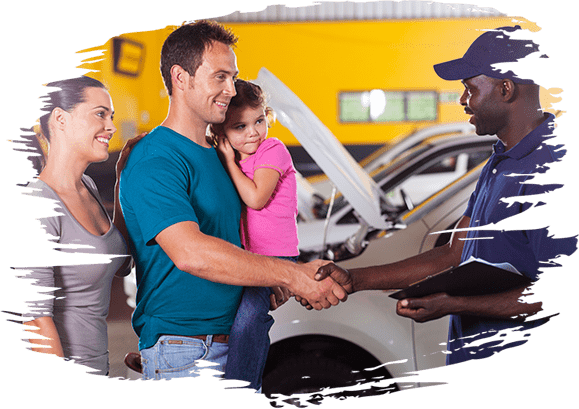 a family of three with the father shaking the hand of a mechanic